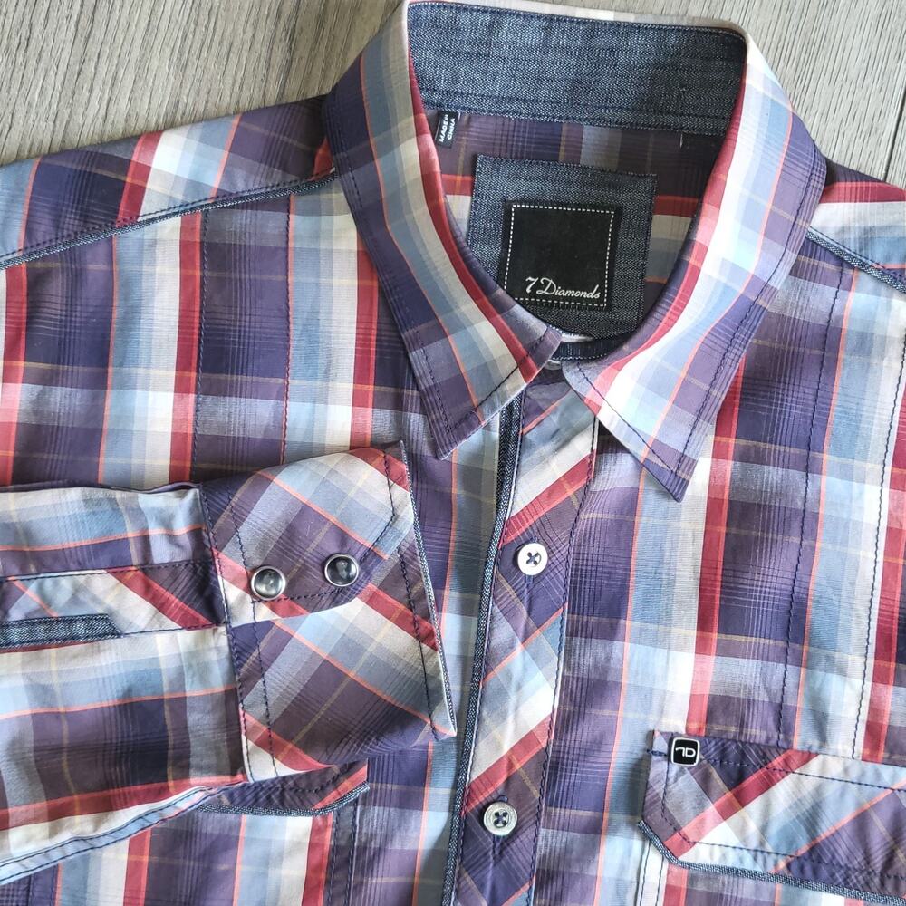 7 Diamonds Mens M Long Sleeve Plaid Shirt Sunset Hwy Burgundy Blue Gray Western